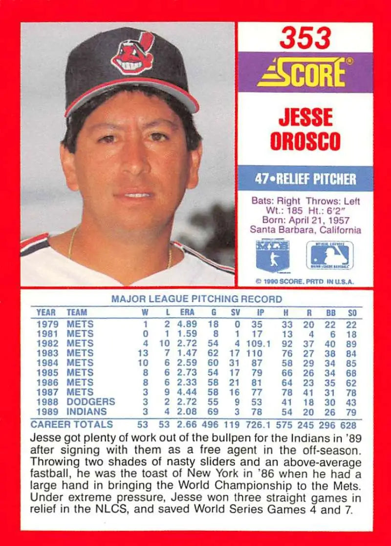 1990 Score #353 Jesse Orosco EX Excellent Cleveland Indians Baseball Card - Baseball Card Single