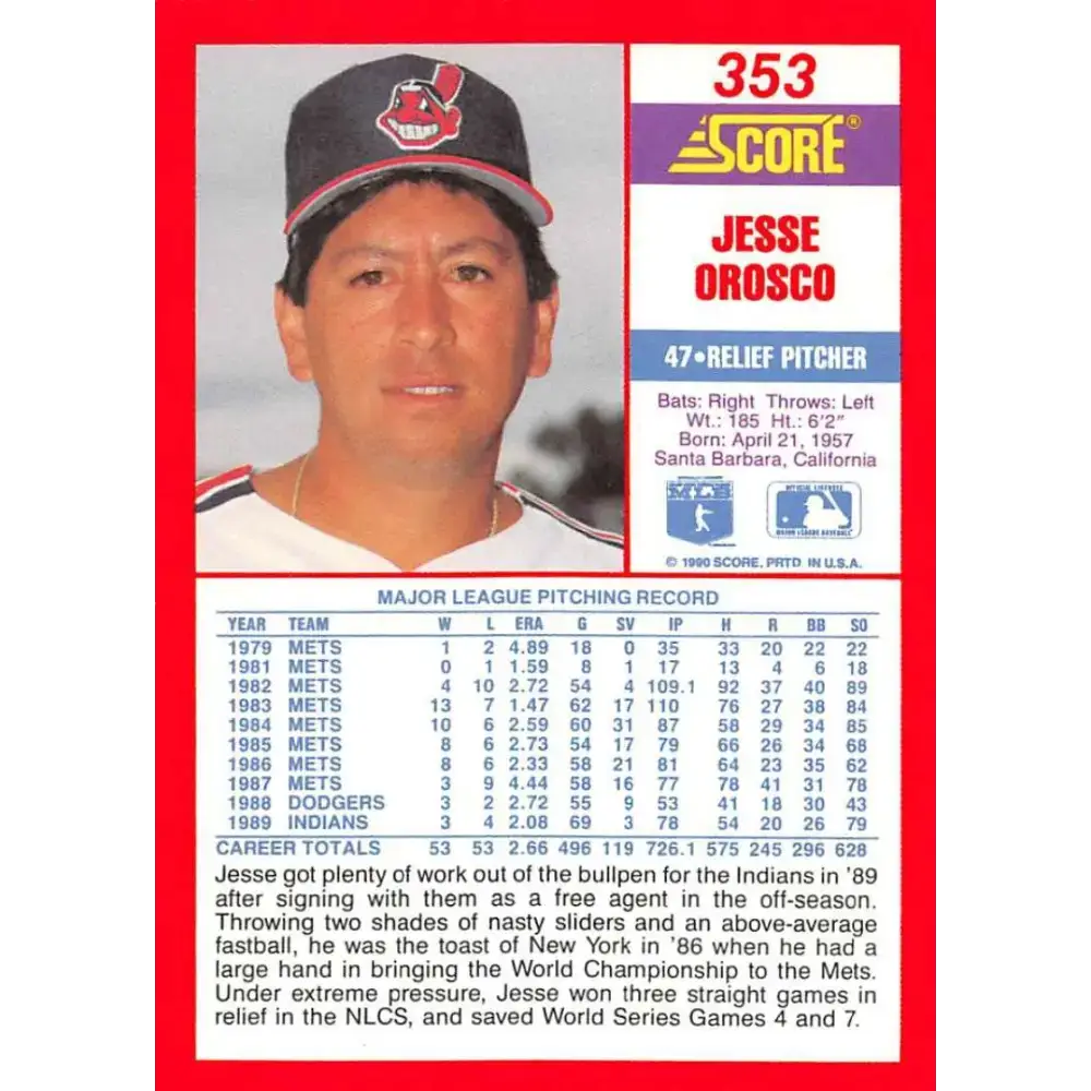 1990 Score #353 Jesse Orosco NM-MT Cleveland Indians Baseball Card - Baseball Card Single