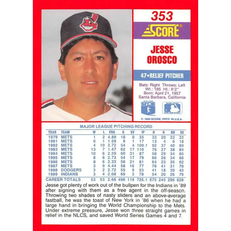 1990 Score #353 Jesse Orosco NM-MT Cleveland Indians Baseball Card - Baseball Card Single
