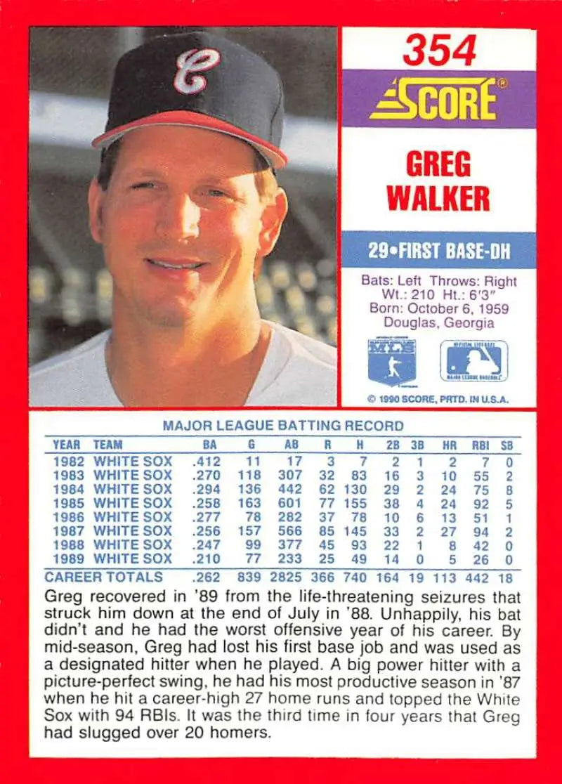 1990 Score #354 Greg Walker EX Excellent Chicago White Sox Baseball Card - Baseball Card Single