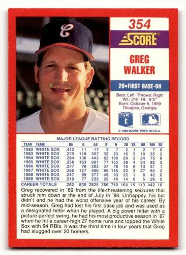 Original gloss Greg Walker baseball card from 1990 Score #354 featuring Greg Walker