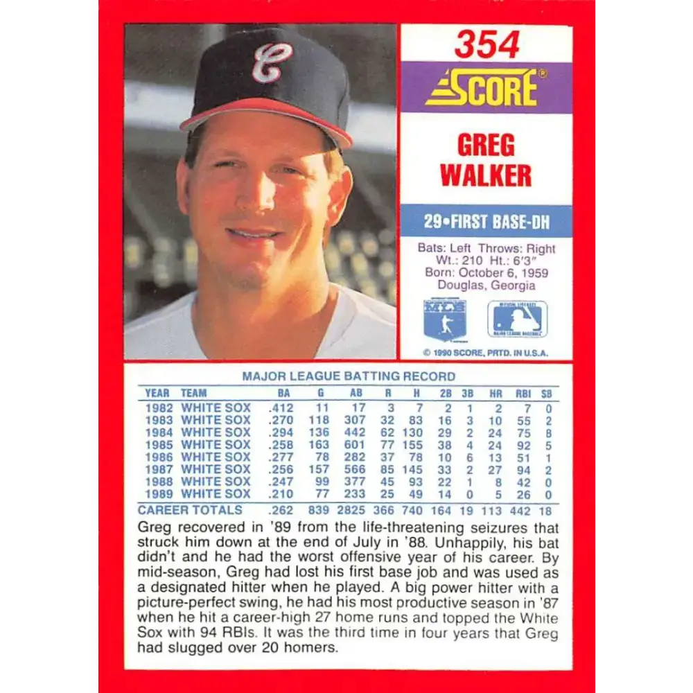 1990 Score #354 Greg Walker NM-MT Chicago White Sox Baseball Card - Baseball Card Single