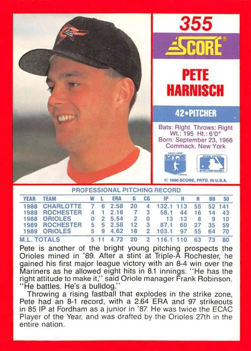 1990 Score #355 Pete Harnisch EX Excellent Baltimore Orioles Baseball Card - Baseball Card Single