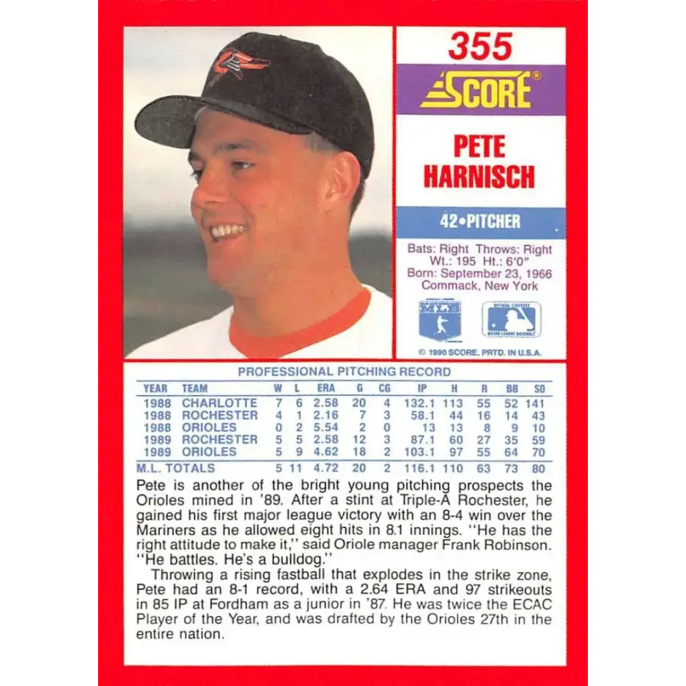 1990 Score #355 Pete Harnisch NM-MT Baltimore Orioles Baseball Card - Baseball Card Single