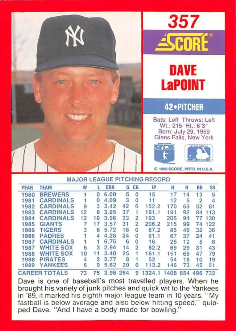 1990 Score #357 Dave LaPoint EX Excellent New York Yankees Baseball Card - Baseball Card Single