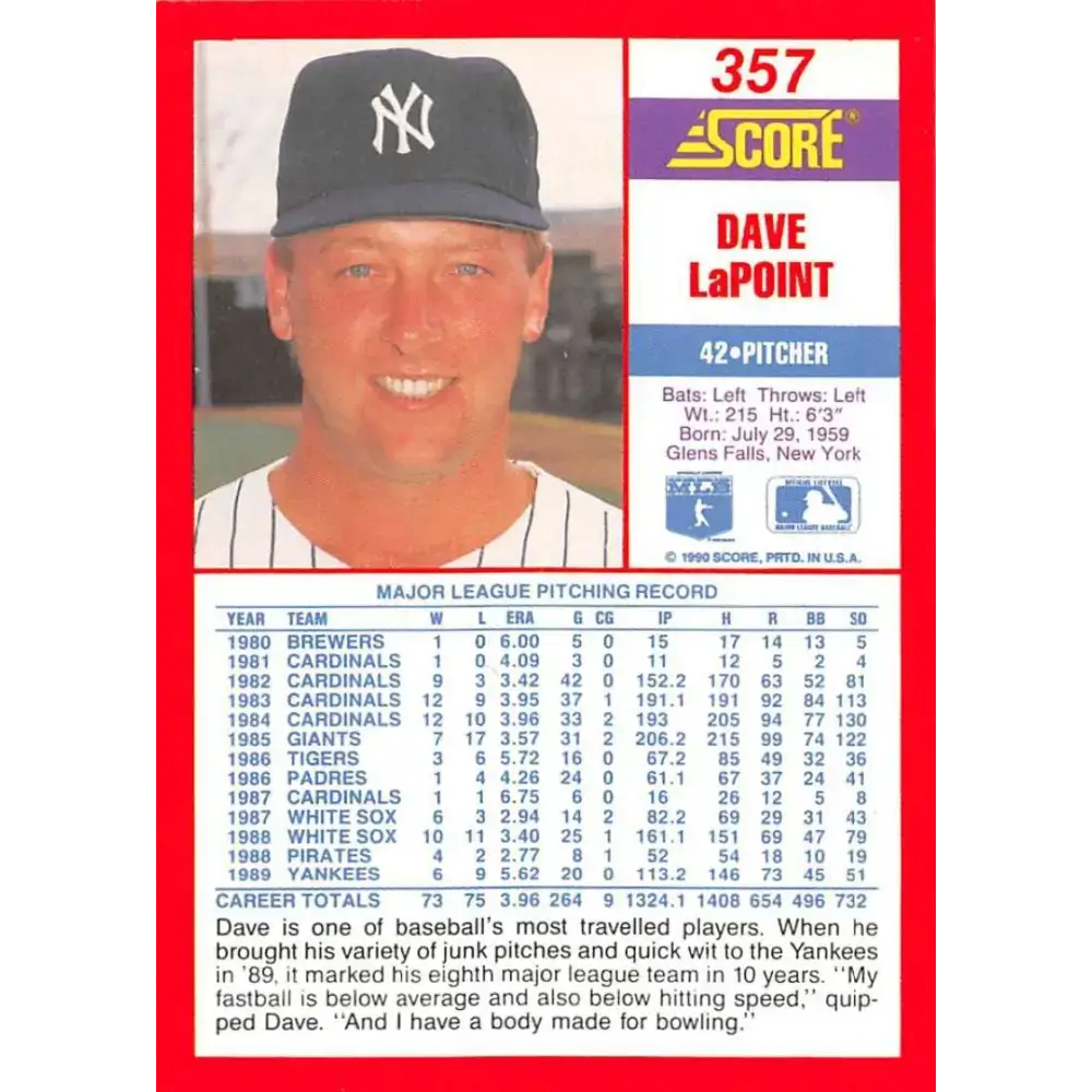 1990 Score #357 Dave LaPoint NM-MT New York Yankees Baseball Card - Baseball Card Single