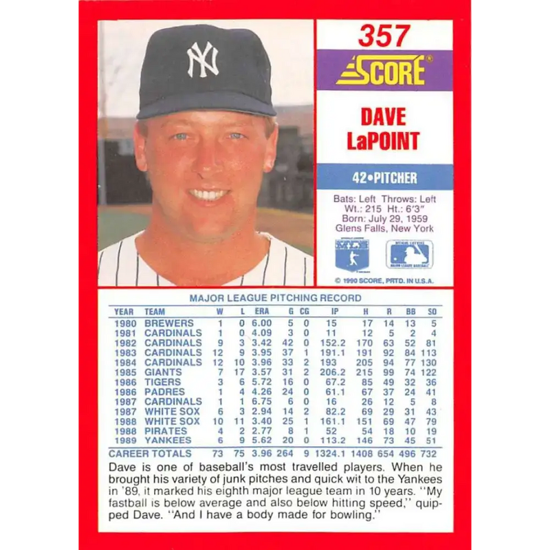 1990 Score #357 Dave LaPoint NM-MT New York Yankees Baseball Card - Baseball Card Single
