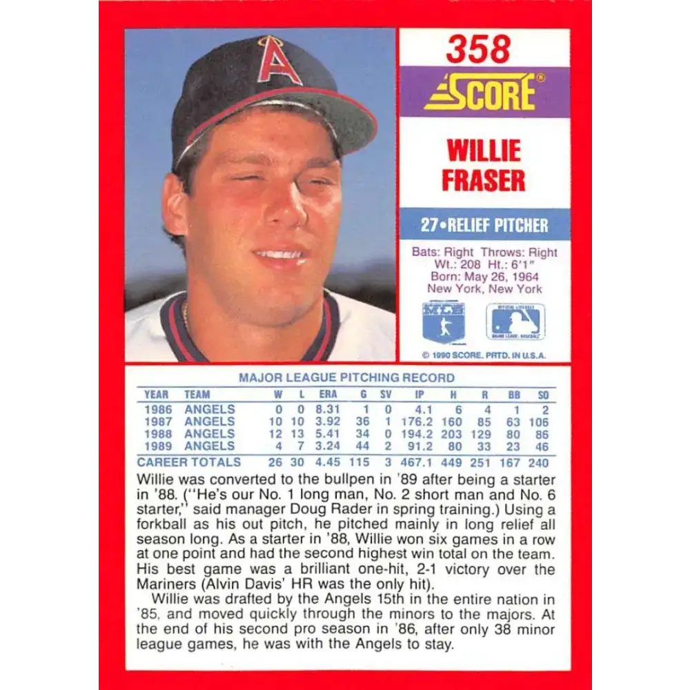 1990 Score #358 Willie Fraser NM-MT California Angels Baseball Card - Baseball Card Single