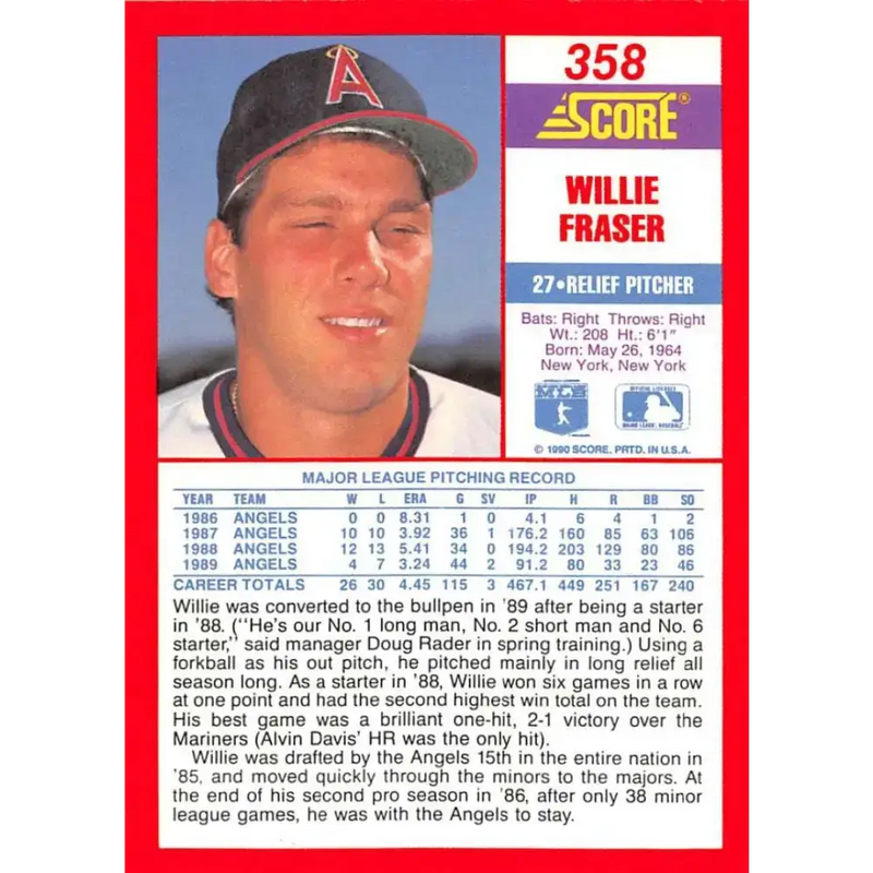 1990 Score #358 Willie Fraser NM-MT California Angels Baseball Card - Baseball Card Single