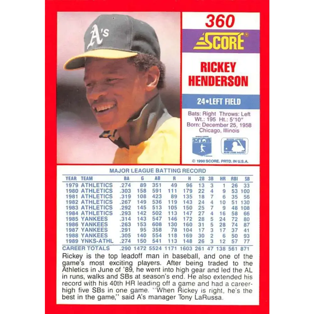 1990 Score #360 Rickey Henderson NM-MT Oakland Athletics Baseball Card - Baseball Card Single