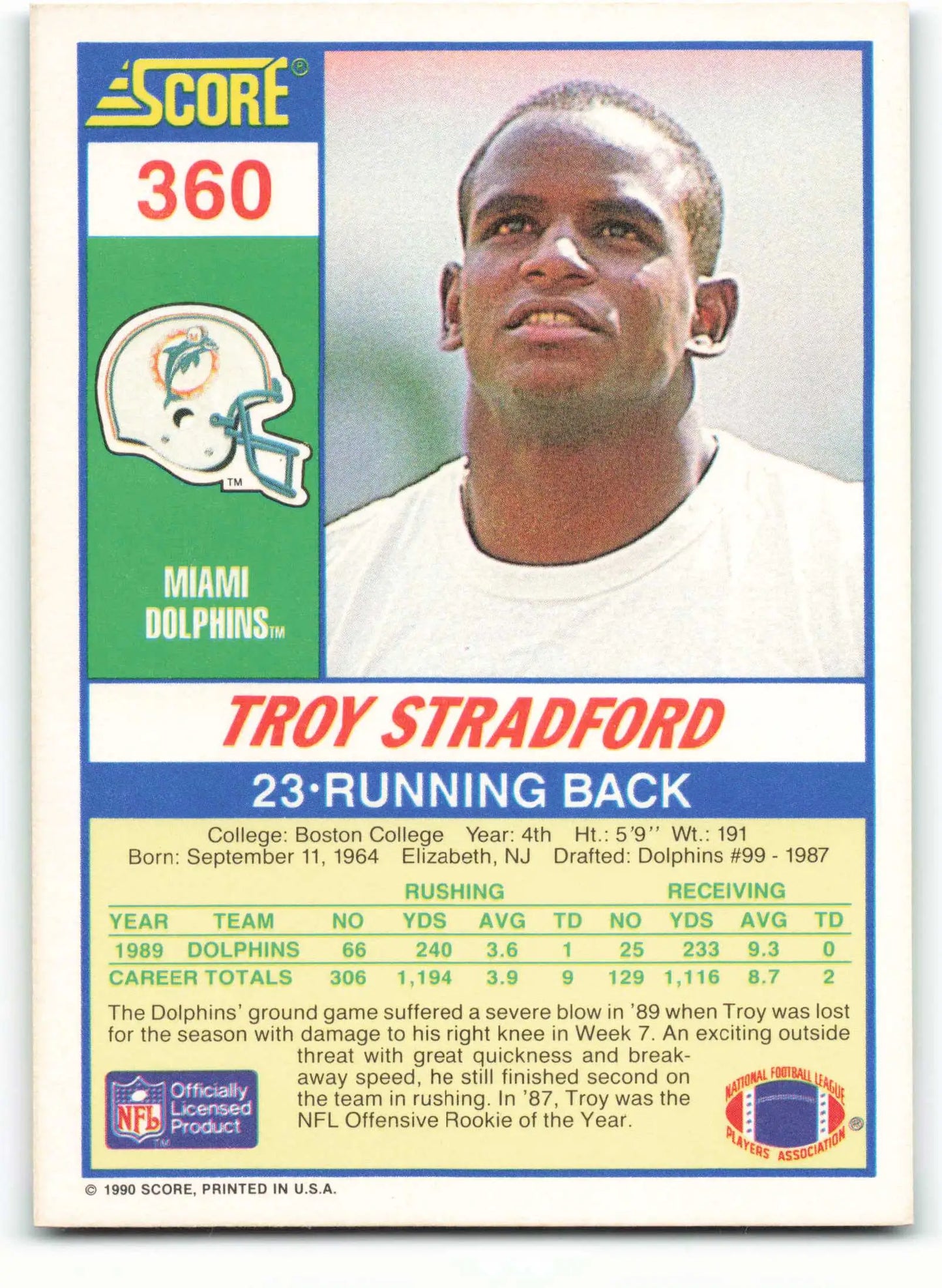 1990 Score #360 Troy Stradford NM-MT Miami Dolphins Football Card - Football Card Single