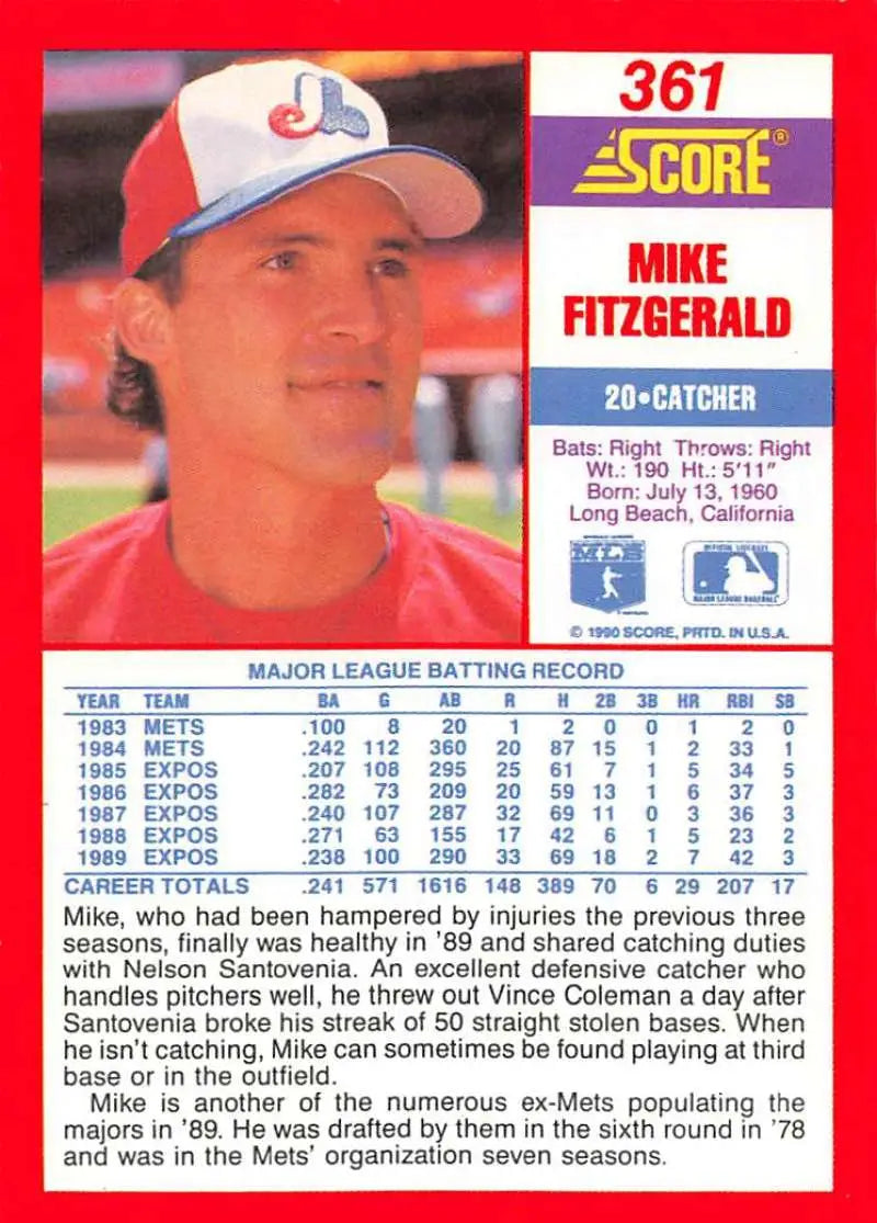 1990 Score #361 Mike Fitzgerald EX Excellent Montreal Expos Baseball Card - Baseball Card Single