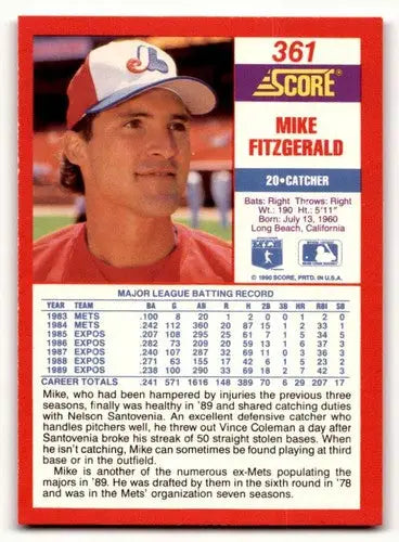 Original gloss of Mike Fitzgerald baseball card from 1990 Score #361 featuring Simply Sandoval