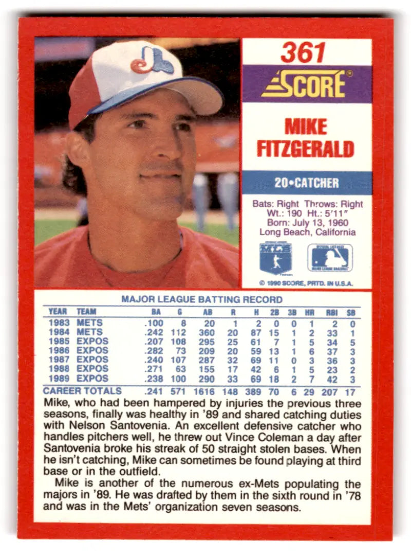 1990 Score #361 Mike Fitzgerald NM-MT Expos ID:70045 - Baseball Card Single