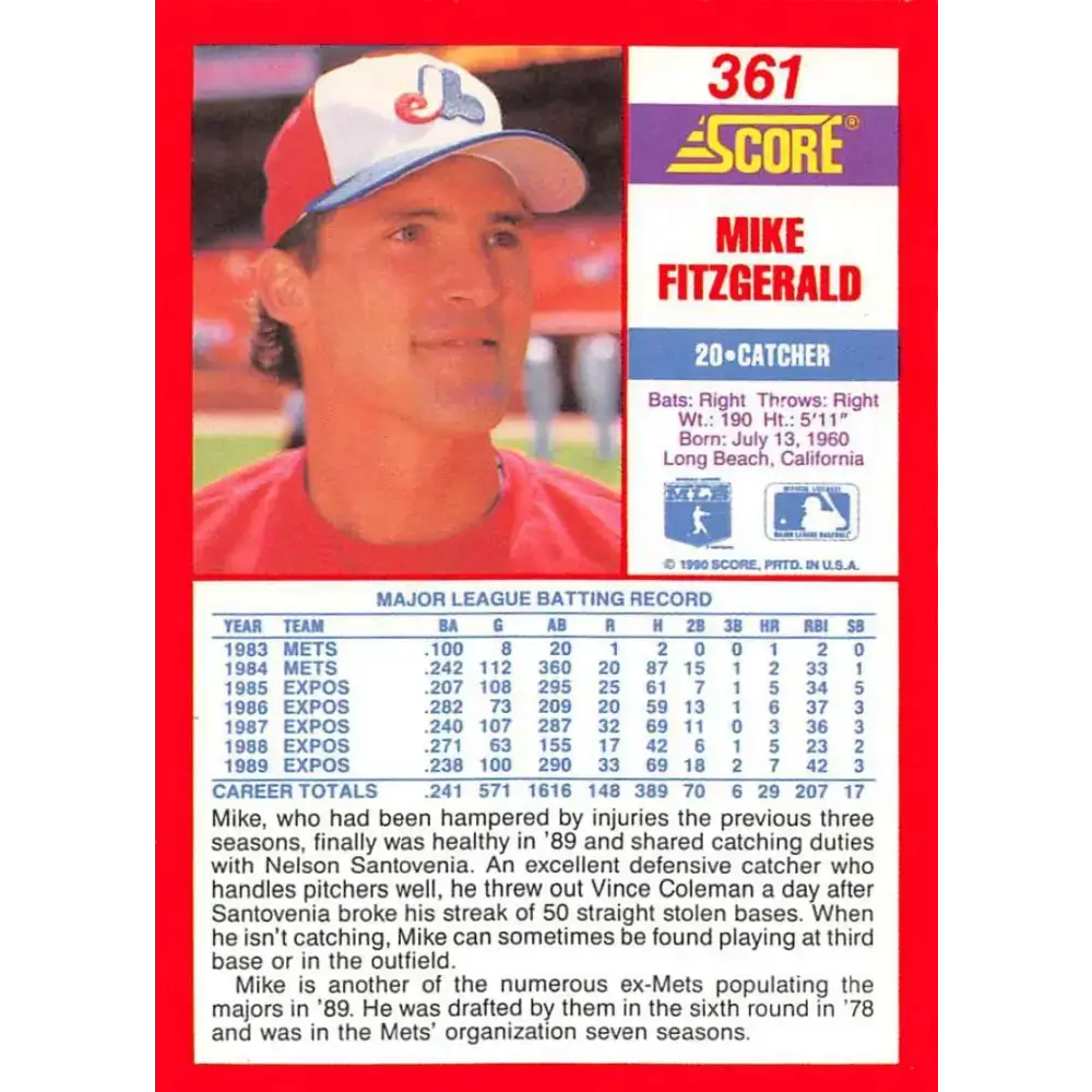 1990 Score #361 Mike Fitzgerald NM-MT Montreal Expos Baseball Card - Baseball Card Single