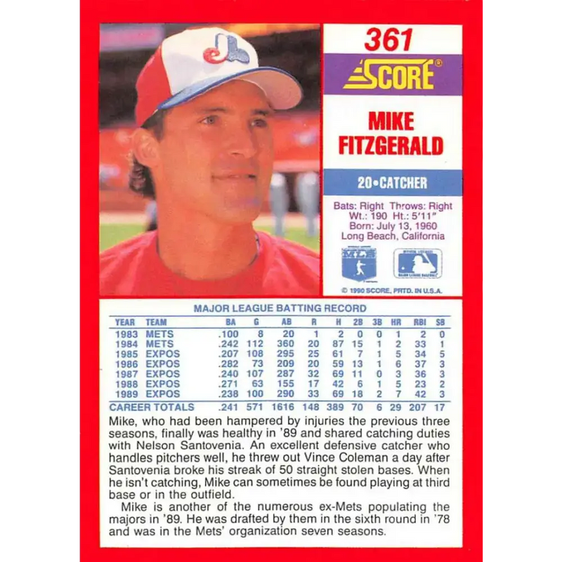 1990 Score #361 Mike Fitzgerald NM-MT Montreal Expos Baseball Card - Baseball Card Single