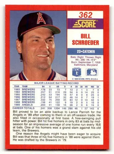 1990 Score #362 Bill Schroeder ID:46505 - Baseball Card Single