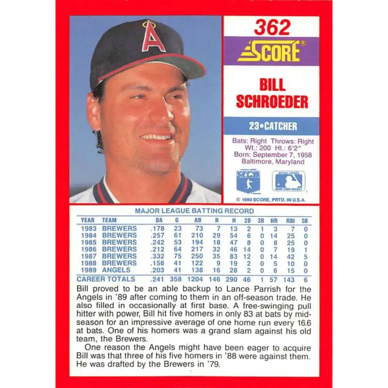 1990 Score #362 Bill Schroeder NM-MT California Angels Baseball Card - Baseball Card Single