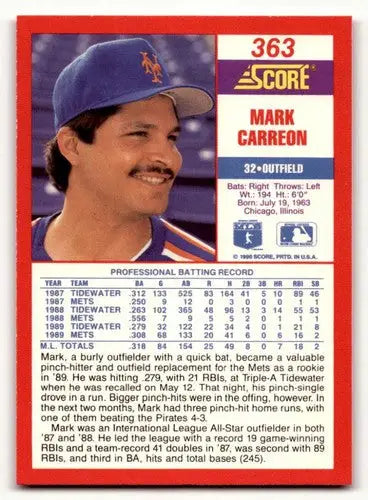 Original gloss 1990 Score Mark Carreon baseball card featuring Simply Sandoval ID 46391