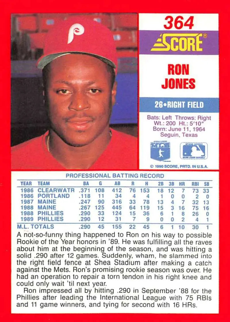 1990 Score #364 Ron Jones EX Excellent Philadelphia Phillies Baseball Card - Baseball Card Single