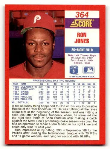 Original gloss Ron Jones baseball card from 1990 Score #364 showcasing Simply Sandoval
