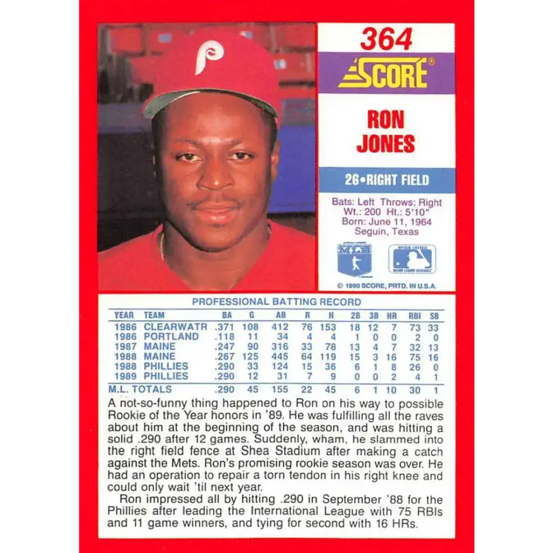 1990 Score #364 Ron Jones NM-MT Philadelphia Phillies Baseball Card - Baseball Card Single
