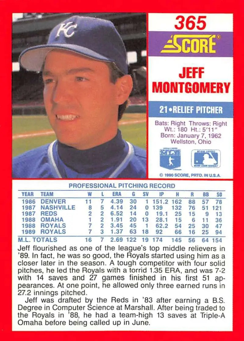 1990 Score #365 Jeff Montgomery EX Excellent Kansas City Royals Baseball Card - Baseball Card Single