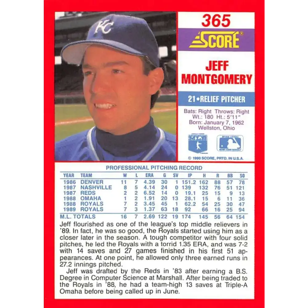 1990 Score #365 Jeff Montgomery NM-MT Kansas City Royals Baseball Card - Baseball Card Single
