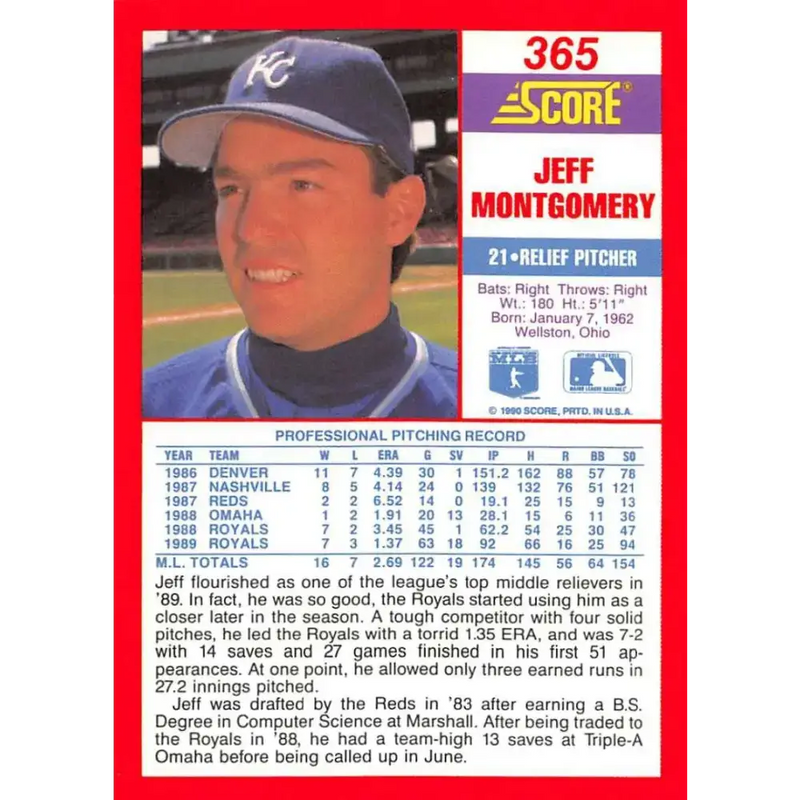 1990 Score #365 Jeff Montgomery NM-MT Kansas City Royals Baseball Card - Baseball Card Single