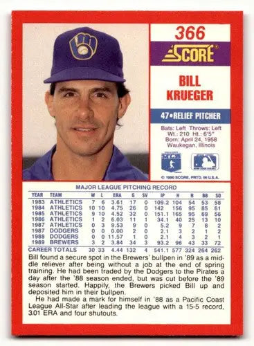1990 Score Bill Krueger baseball card with original gloss in a plain white envelope