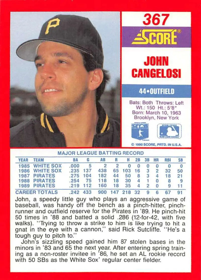 1990 Score #367 John Cangelosi EX Excellent Pittsburgh Pirates Baseball Card - Baseball Card Single
