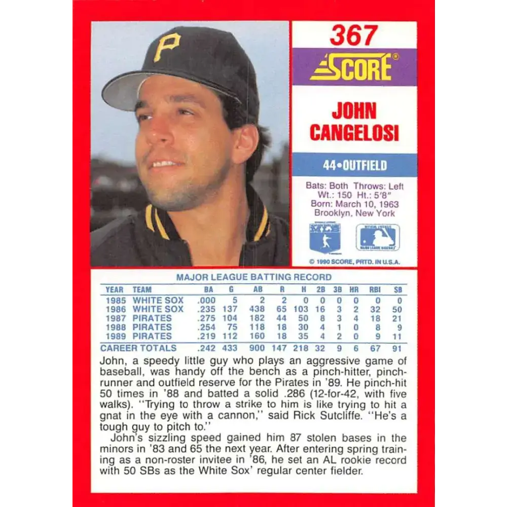 1990 Score #367 John Cangelosi NM-MT Pittsburgh Pirates Baseball Card - Baseball Card Single
