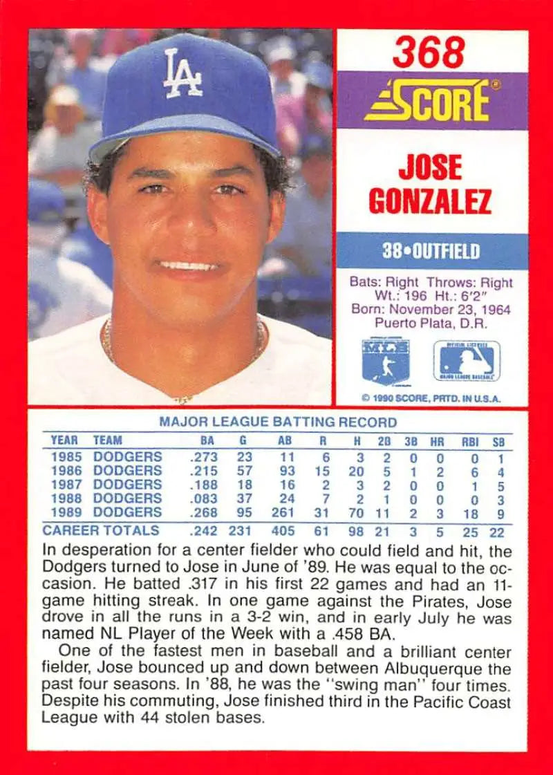 1990 Score #368 Jose Gonzalez EX Excellent Los Angeles Dodgers Baseball Card - Baseball Card Single