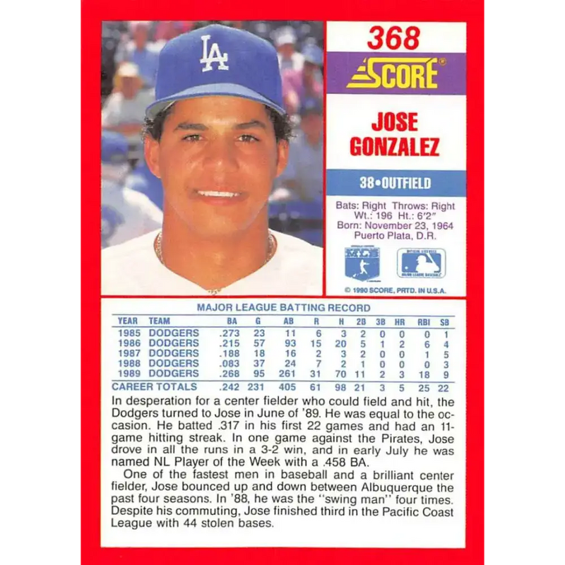 1990 Score #368 Jose Gonzalez NM-MT Los Angeles Dodgers Baseball Card - Baseball Card Single