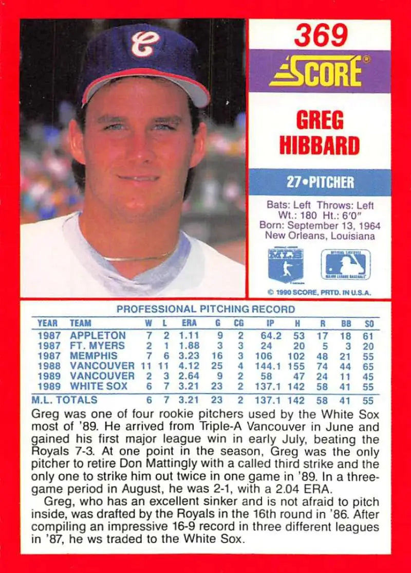 1990 Score #369 Greg Hibbard EX Excellent RC Rookie Chicago White Sox Baseball Card - Baseball Card Single