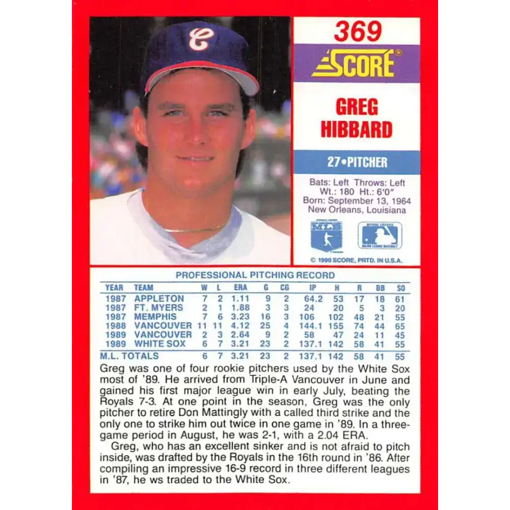 1990 Score #369 Greg Hibbard NM-MT RC Rookie Chicago White Sox Baseball Card - Baseball Card Single