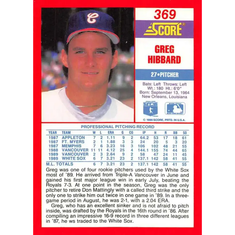 1990 Score #369 Greg Hibbard NM-MT RC Rookie Chicago White Sox Baseball Card - Baseball Card Single