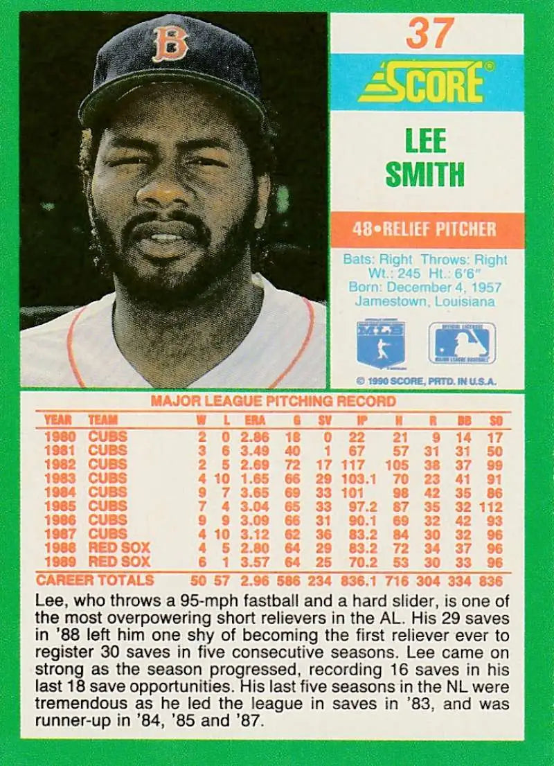 1990 Score #37 Lee Smith EX Excellent Boston Red Sox Baseball Card - Baseball Card Single