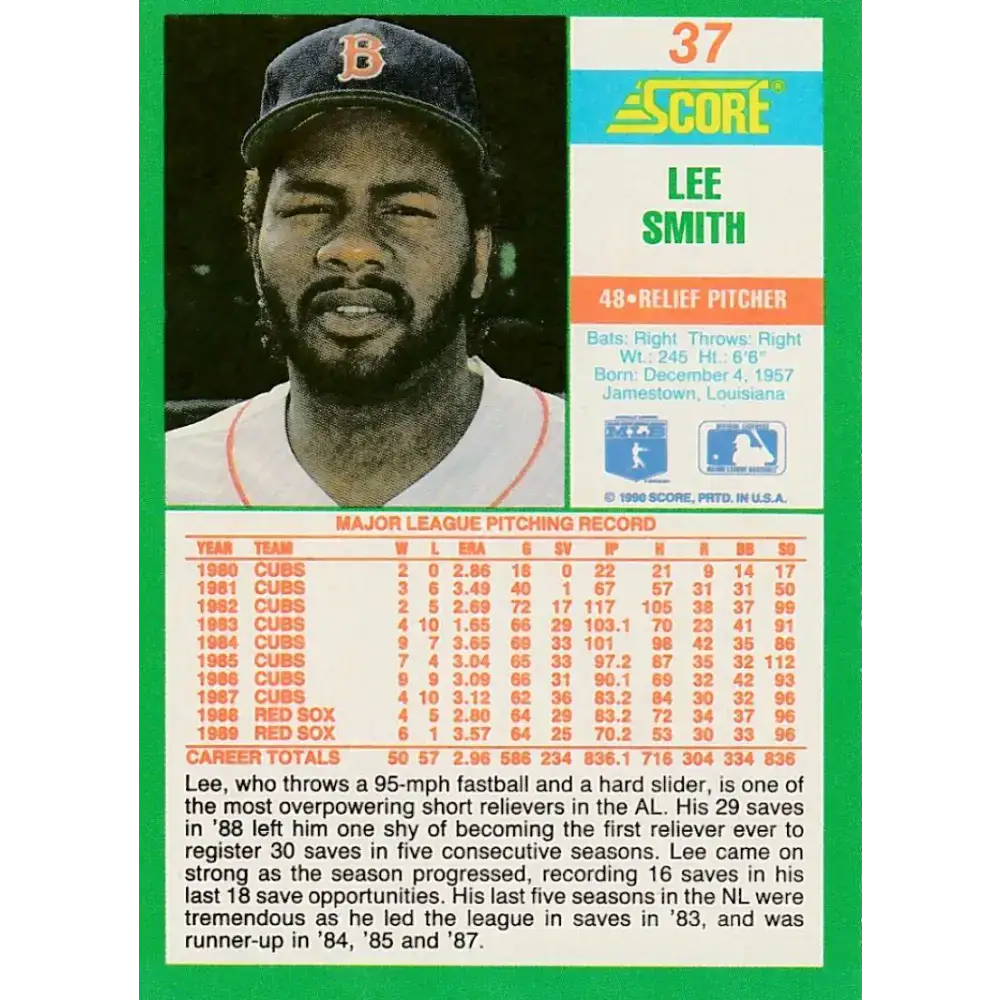 1990 Score #37 Lee Smith NM-MT Boston Red Sox Baseball Card - Baseball Card Single