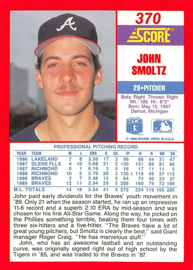 1990 Score #370 John Smoltz EX Excellent Atlanta Braves Baseball Card