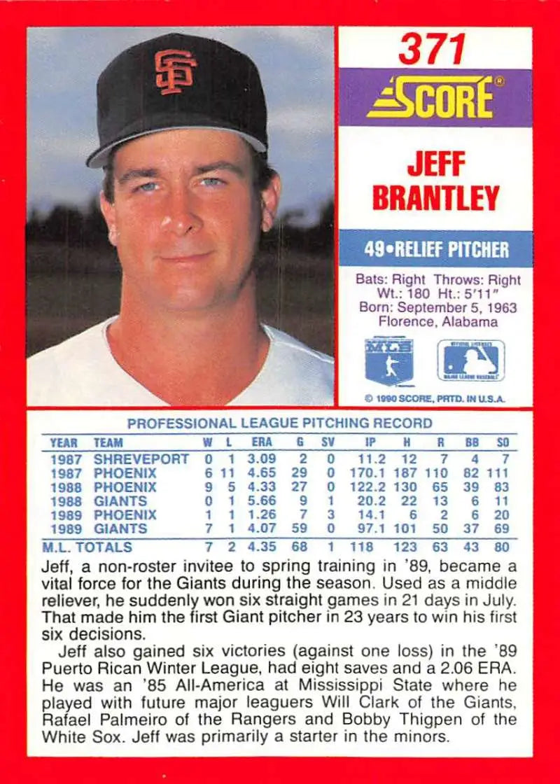 1990 Score #371 Jeff Brantley EX Excellent San Francisco Giants Baseball Card - Baseball Card Single