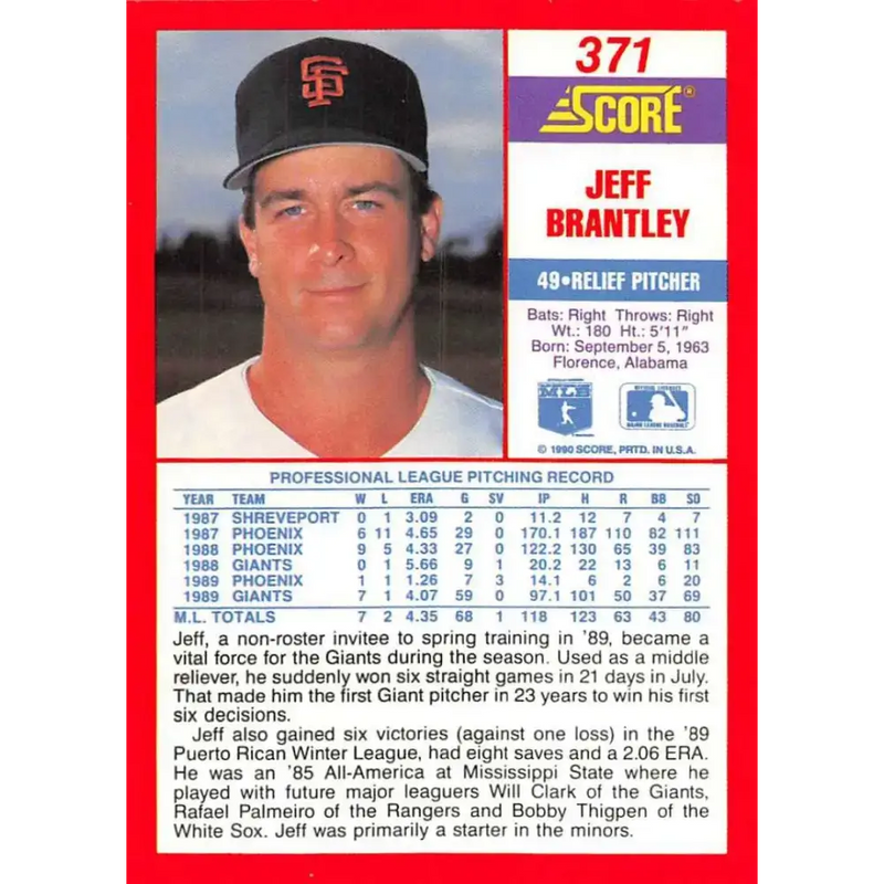 1990 Score #371 Jeff Brantley NM-MT San Francisco Giants Baseball Card - Baseball Card Single