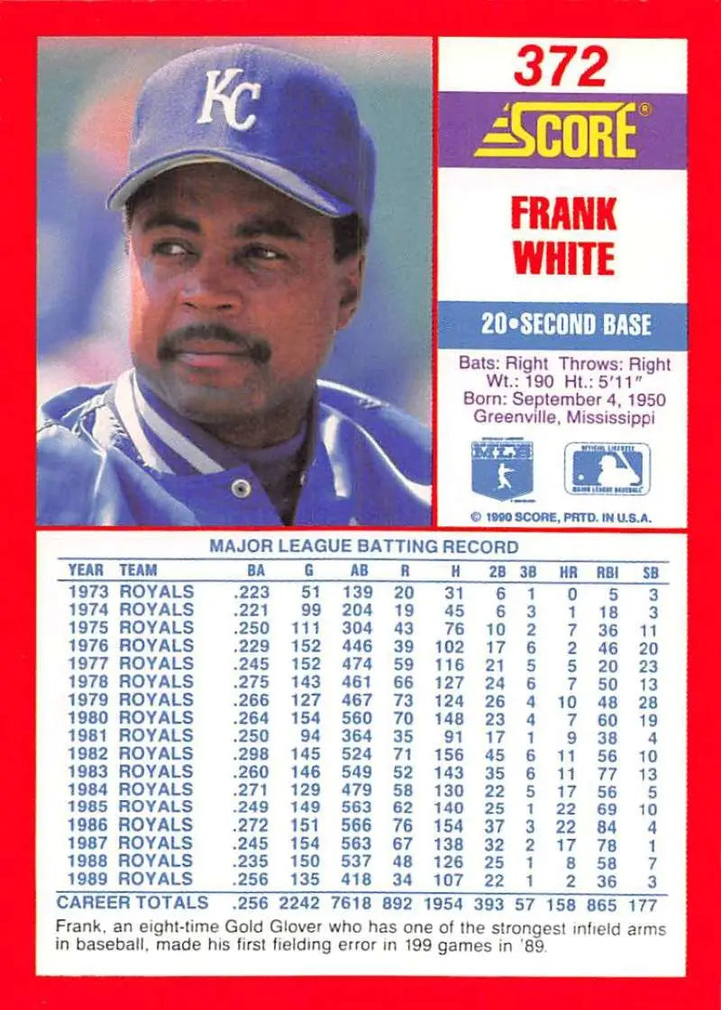 1990 Score #372 Frank White EX Excellent Kansas City Royals Baseball Card - Baseball Card Single
