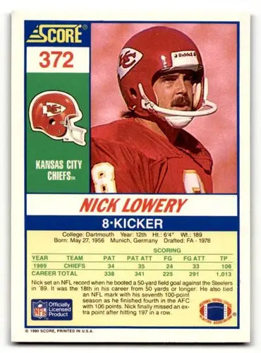 Original gloss Nick Lowery Kansas football card from 1990 Score Kansas City Chiefs