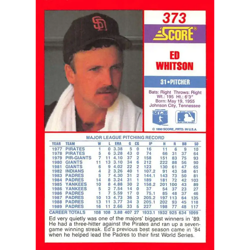 1990 Score #373 Ed Whitson NM-MT San Diego Padres Baseball Card - Baseball Card Single