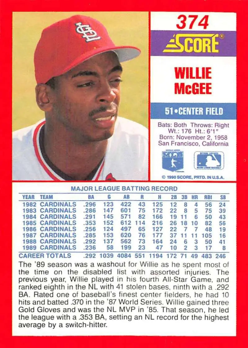 1990 Score #374 Willie McGee EX Excellent St. Louis Cardinals Baseball Card - Baseball Card Single