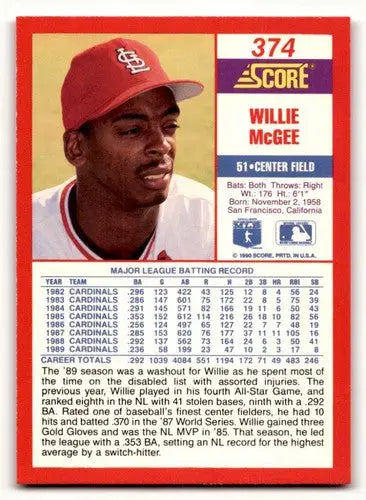 1990 Score #374 Willie McGee ID:46410 - Baseball Card Single