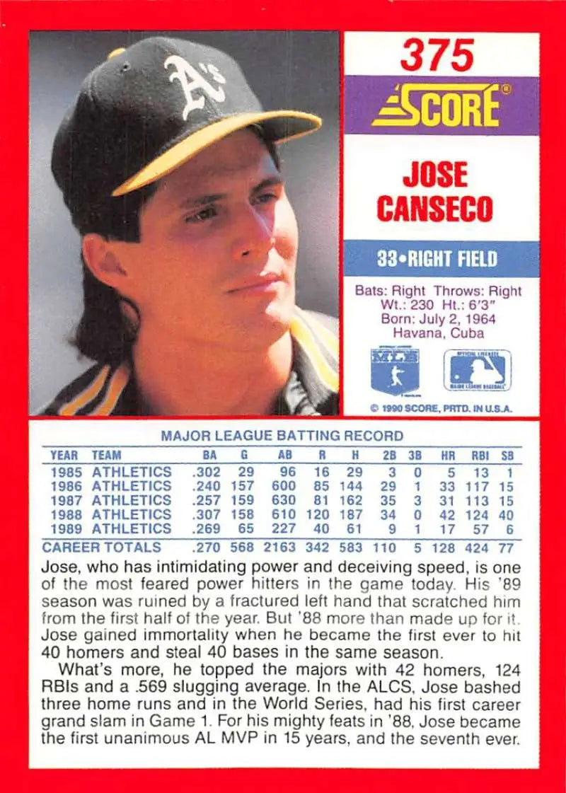 1990 Score #375 Jose Canseco EX Excellent Oakland Athletics Baseball Card - Baseball Card Single