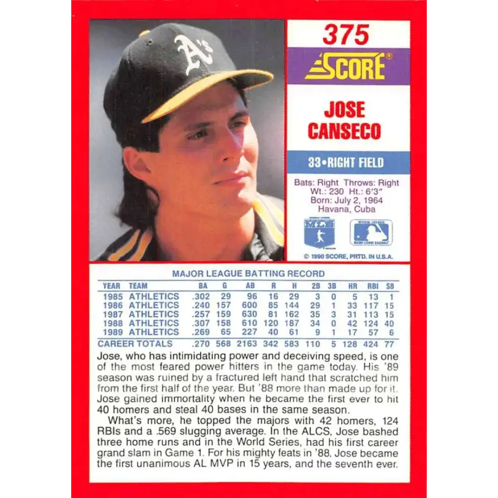 1990 Score #375 Jose Canseco NM-MT Oakland Athletics Baseball Card - Baseball Card Single
