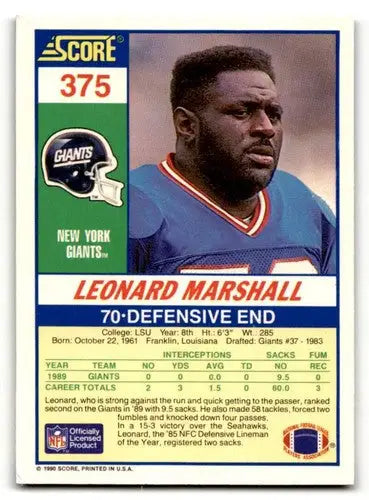1990 Score Leonard Marshall Giants football card with original gloss from Giants football cards collection